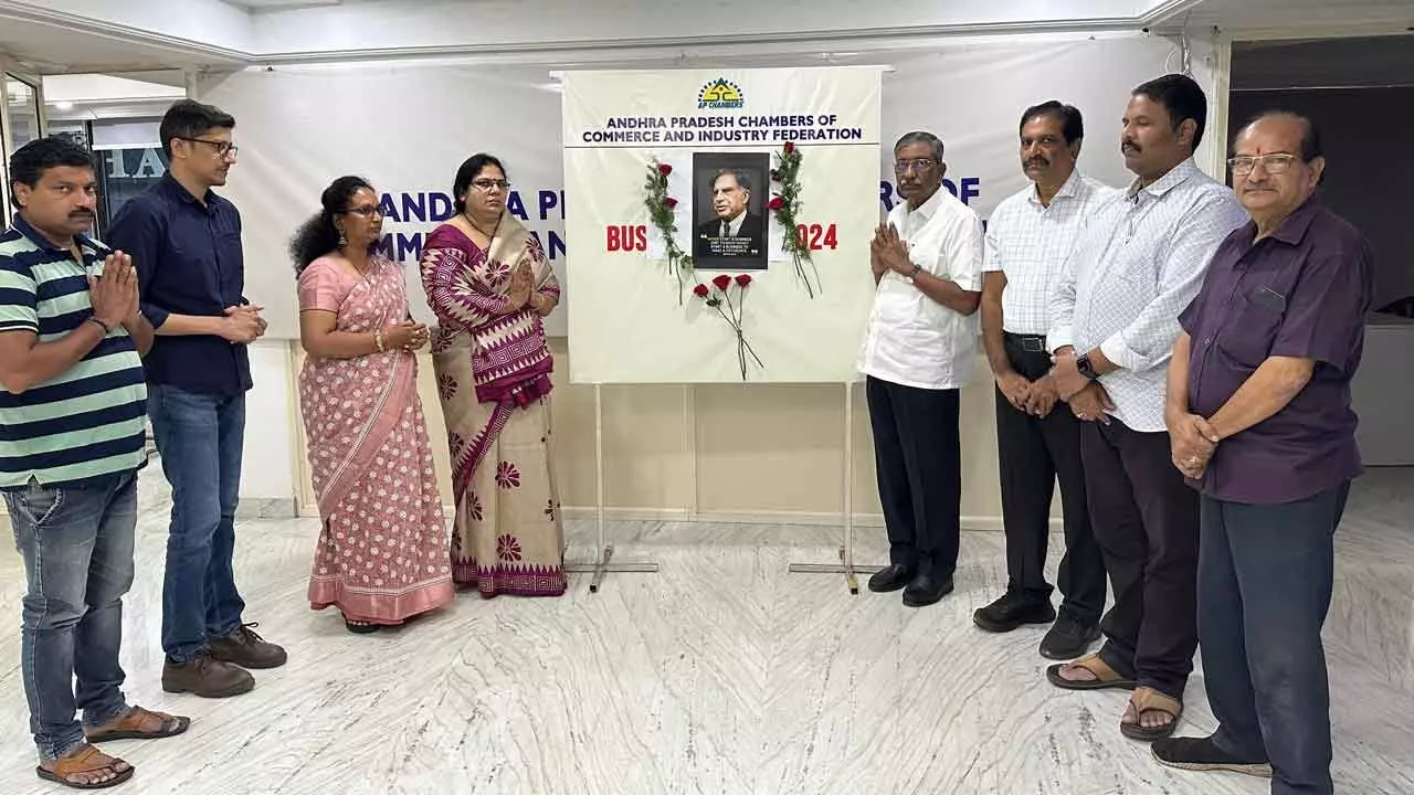 Members of AP Chambers paying respect to Ratan Tata in Vijayawada on Thursday