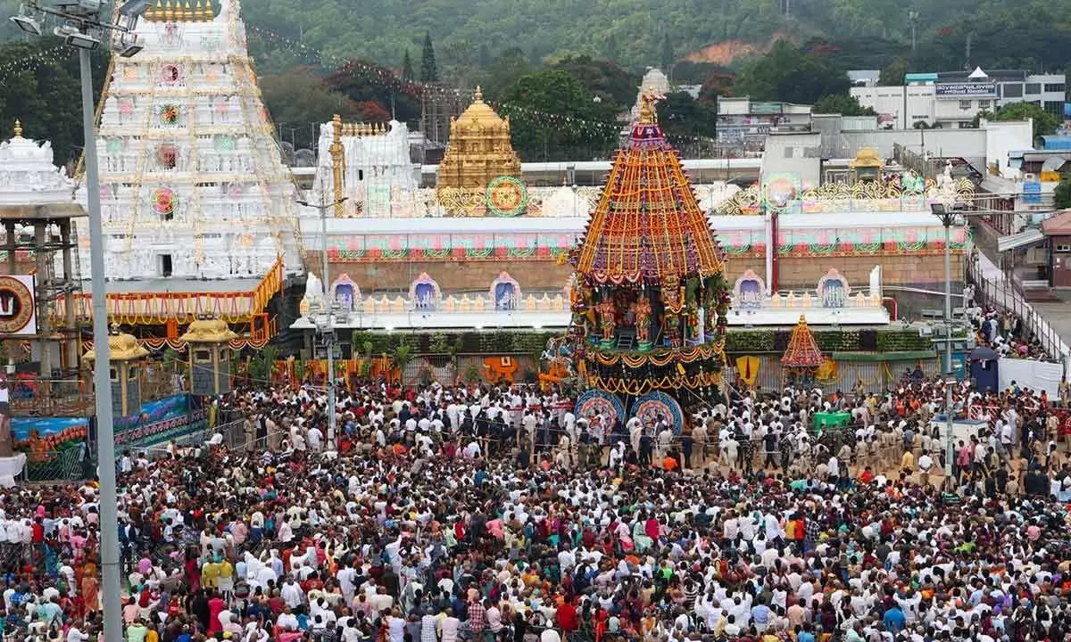 Thousands of pilgrims witness Rathotsavam on the penultimate day of Brahmotsavam at Tirumala on Friday