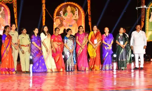 Chief Minister N Chandrababu Naidu’s wife Nara Bhuvaneswari, Ministers K Durgesh, V Anitha, Savitha, wives of officers and women officers taking part in Nari Shakti programme in Vijayawada on Friday