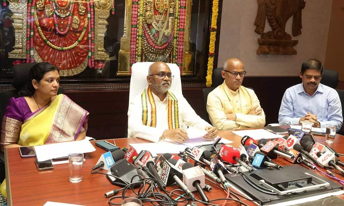 TTD EO J Syamala Rao speaking to the media at Tirumala on Saturday