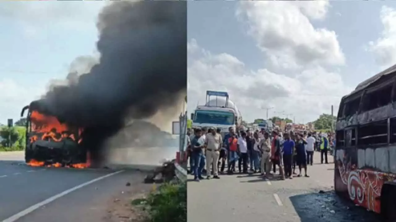 Bus catches fire after hitting bike, 2 die