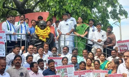 YSRCP leaders staging a dharna in Visakhapatnam on Tuesday