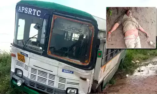 A bus veered off after driver suffers heart attack in Bapatla, one injured