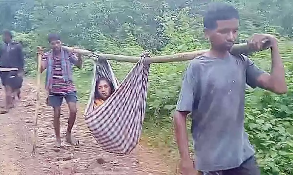 A woman being shifted to a primary health centre in a doli as she developed health complications, in Rolugunta mandal in Anakapalli