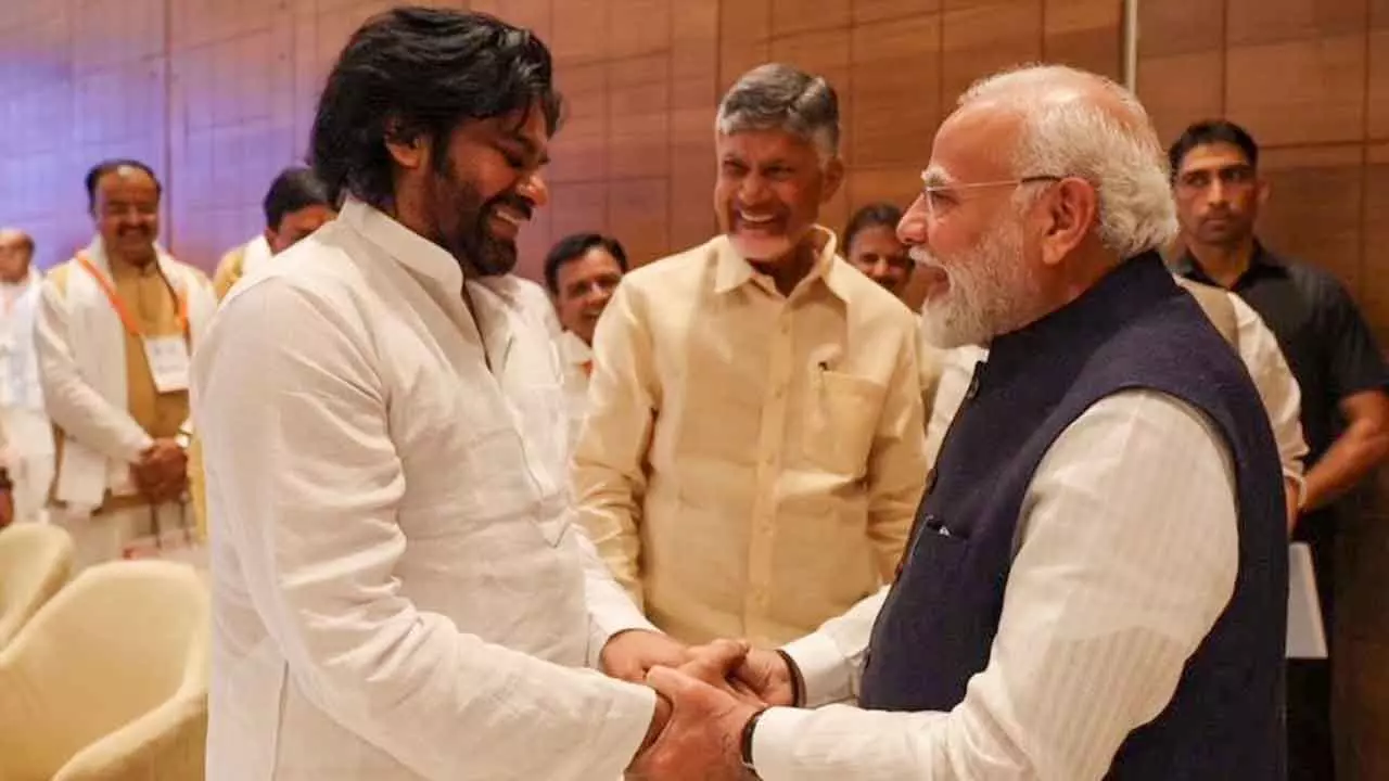 Prime Minister Narendra Modi with Andhra Pradesh Chief Minister N Chandrababu Naidu and Deputy CM Pawan Kalyan during the National Democratic Alliance (NDA) Chief Ministers Council meeting, in Chandigarh on Wednesday