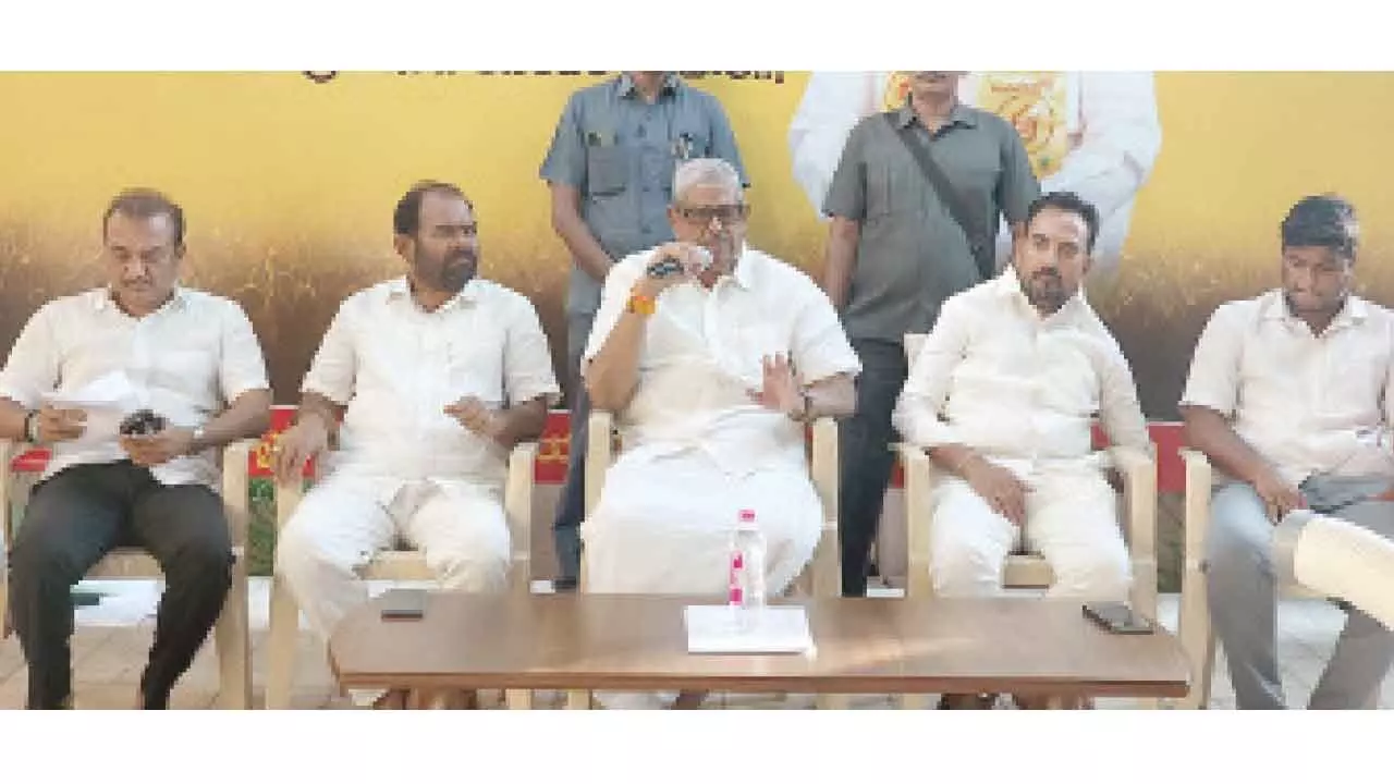 Endowments Minister Anam Ramanarayana Reddy speaking at the party functionaries meeting at his camp office in Nellore on Thursday