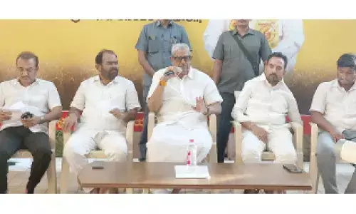 Endowments Minister Anam Ramanarayana Reddy speaking at the party functionaries meeting at his camp office in Nellore on Thursday