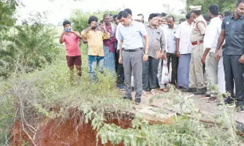 District Collector Dr S Venkateswar inspecting the damaged pipe culvert in Venkatagiri mandal on Thursday