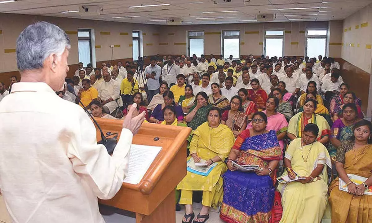 Chief Minister N Chandrababu Naidu addressing party leaders at TDP office in Mangalagiri on Friday