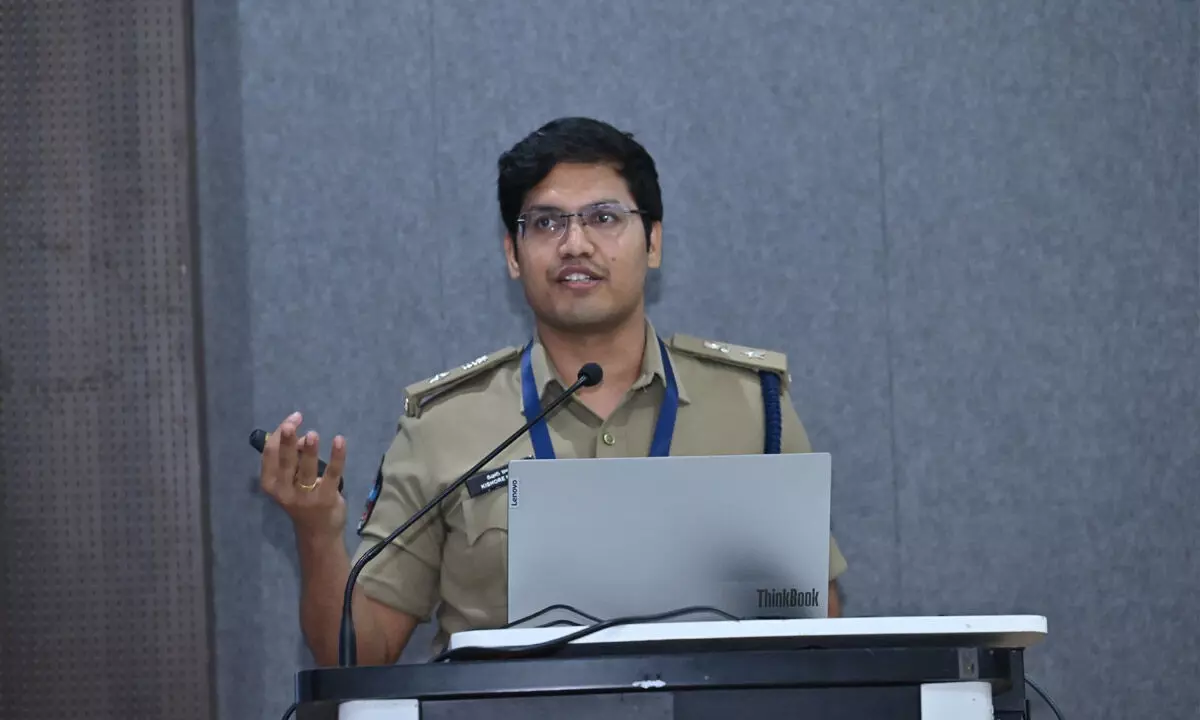 Eluru SP Kommi Prathap Sivakishore speaking at a conference on AI in Gandhinagar in Gujarat