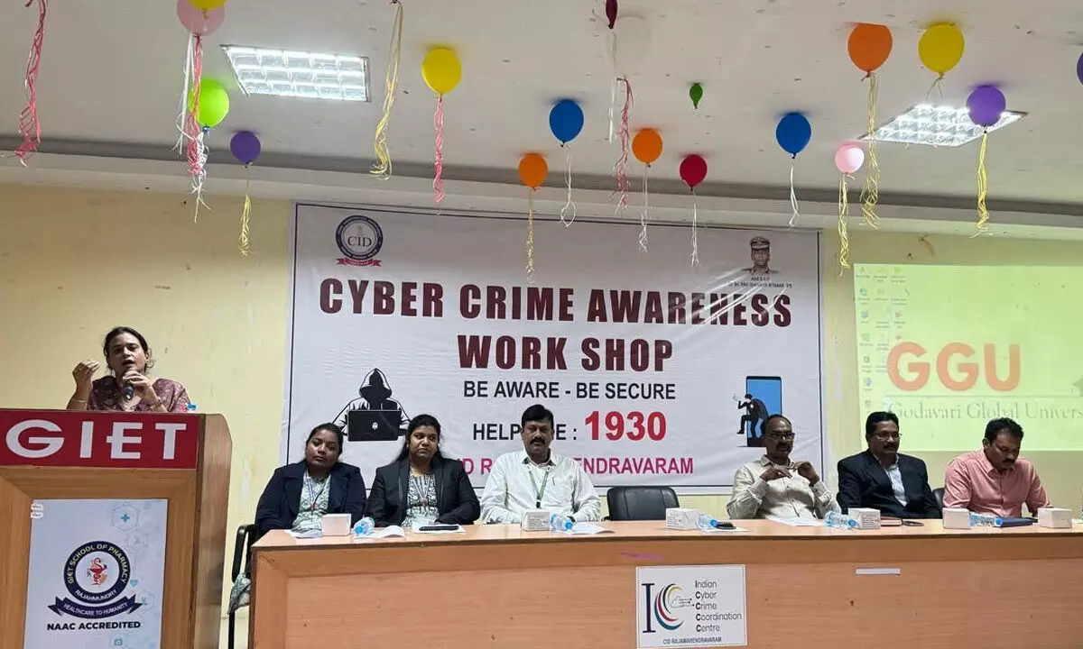 Additional SP Asma Fareen speaking at a seminar on prevention of cybercrimes in Rajamahendravaram on Friday