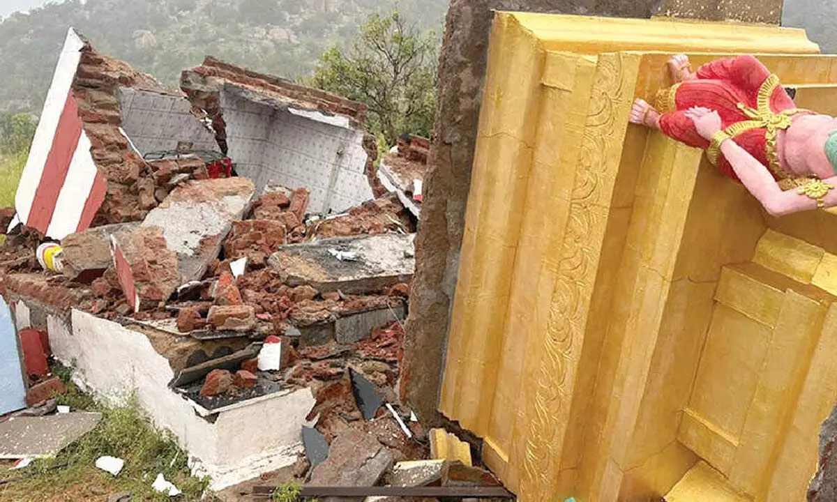 Damaged Abhaya Anjaneya Swamy temple in Thamballapalle mandal of Annamayya district