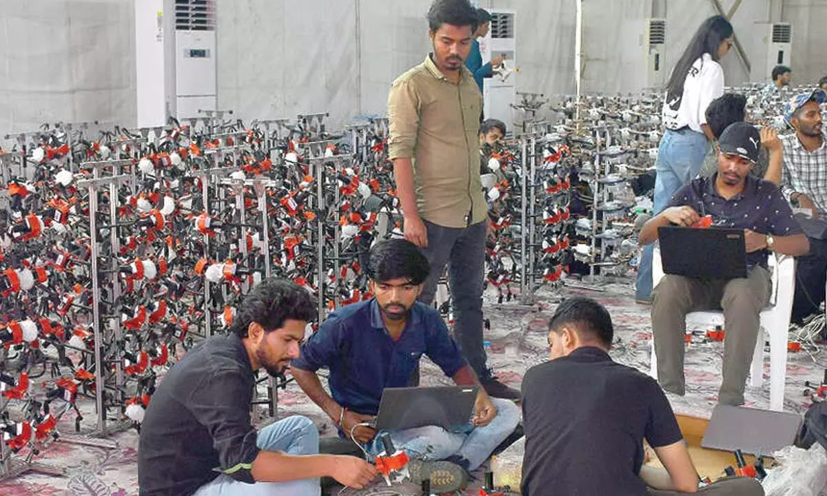 Arrangements on for Drones Light Show as part of Amaravati Drone Summit 2024 at  Punnami ghat in Vijayawada on Monday Photo Ch Venkata Mastan