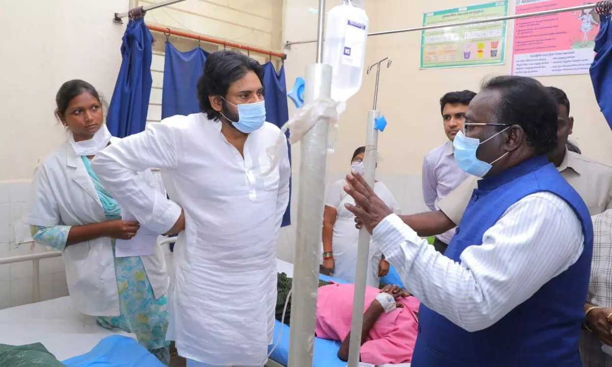 Deputy Chief Minister Pawan Kalyan during a visit to the primary health centre at Gurla in Vizianagaram district on Monday. Collector B R Ambedkar is also seen.