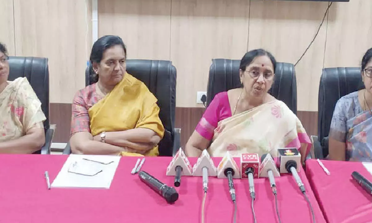 SPMVV Vice Chancellor Prof V Uma speaking to the media in Tirupati on Monday. Registrar Prof N Rajani, Prof P Vijaya Lakshmi and Dr N Sree Rajani are also seen.