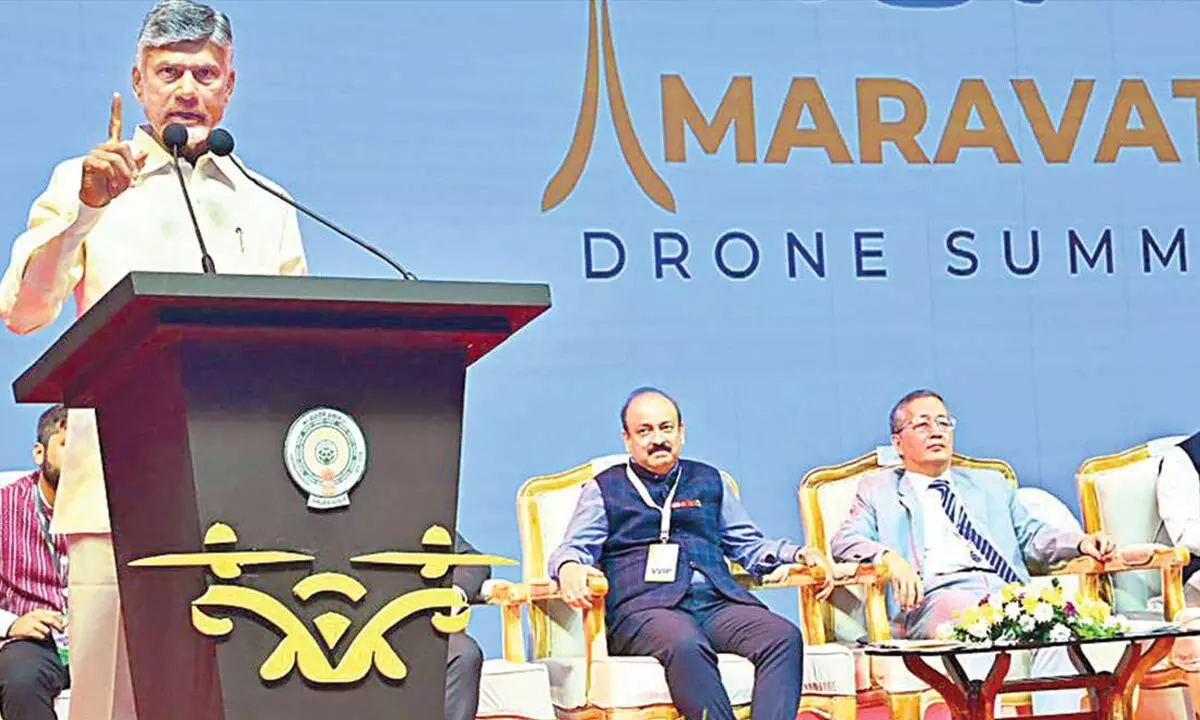 Chief Minister N Chandrababu Naidu addressing a meeting after inaugurating Amaravati Drone Summit on Tuesday