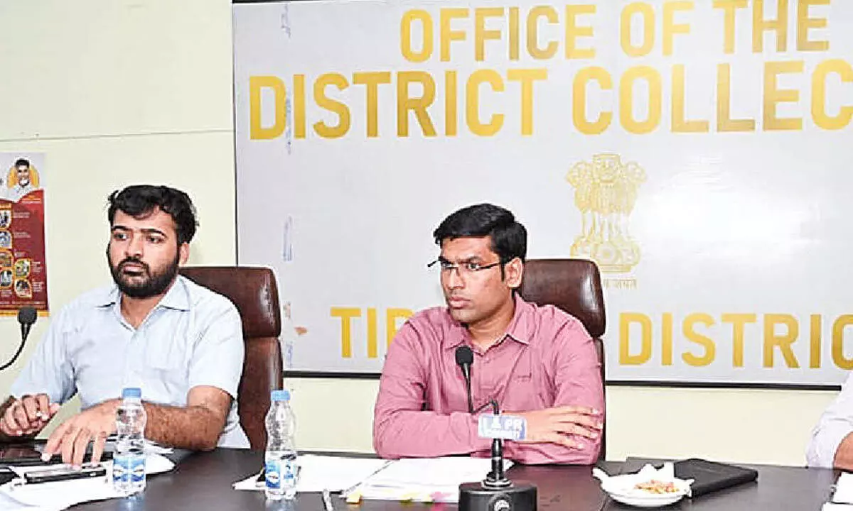 District Collector S Venkateswar speaking at a meeting with NHAI and revenue officials in Tirupati on Tuesday. Joint Collector Shubham Bansal and Gudur sub-collector Raghavendra Meena are also seen.