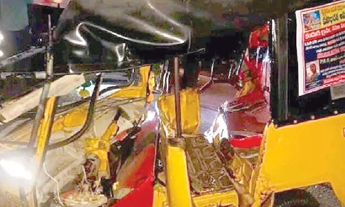 Damaged auto-rickshaw in which victims were travelling