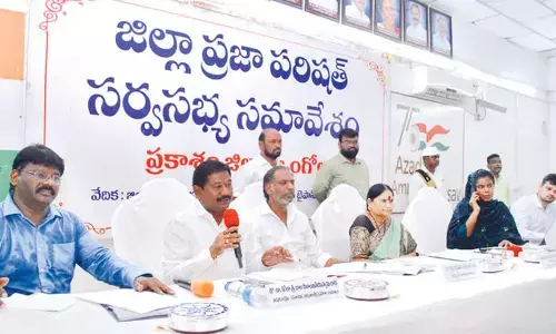 Minister DSBV Swamy speaking at the ZP General Body Meeting in Ongole on Tuesday