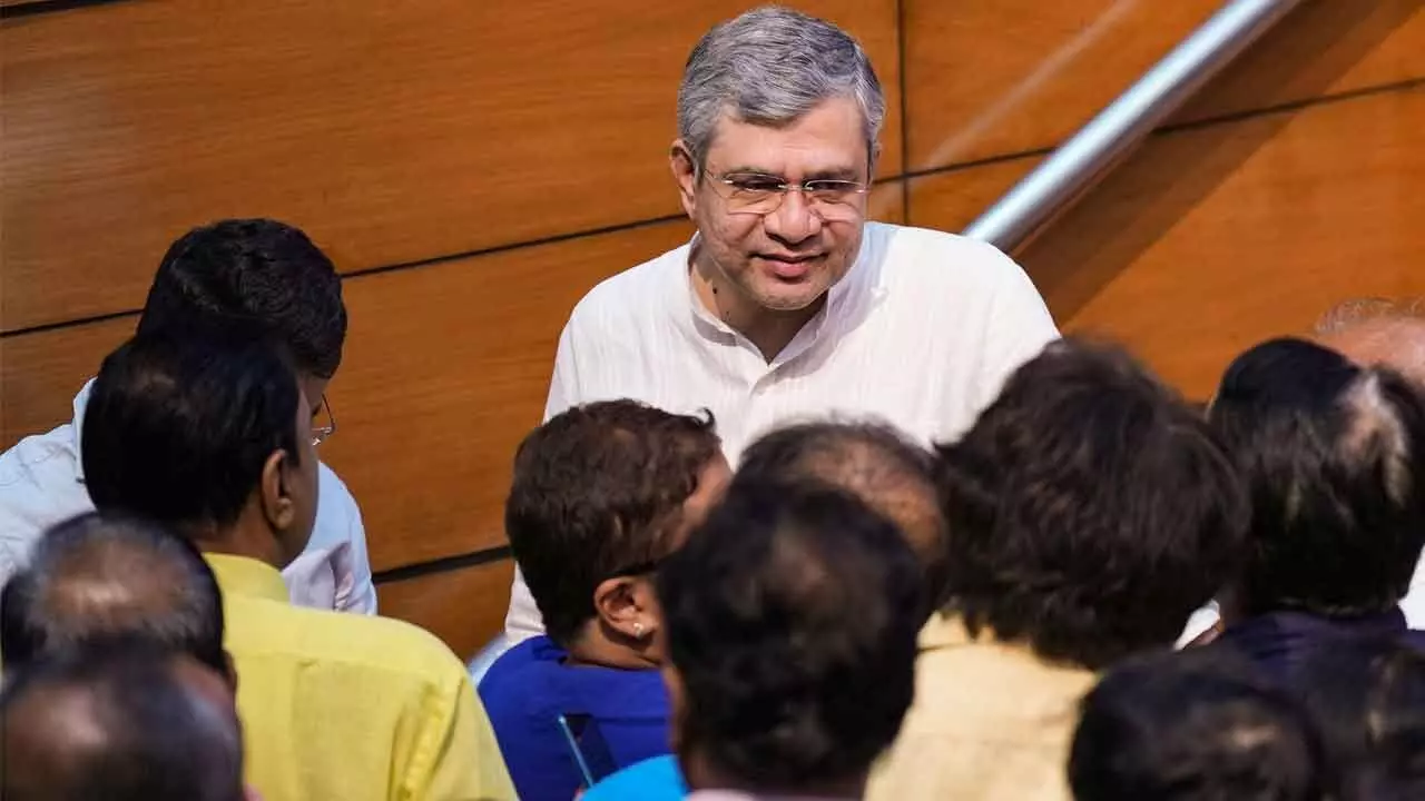 Union Minister Ashwini Vaishnaw interacts with media persons after press briefing on the Cabinets decisions, in New Delhi on Thursday