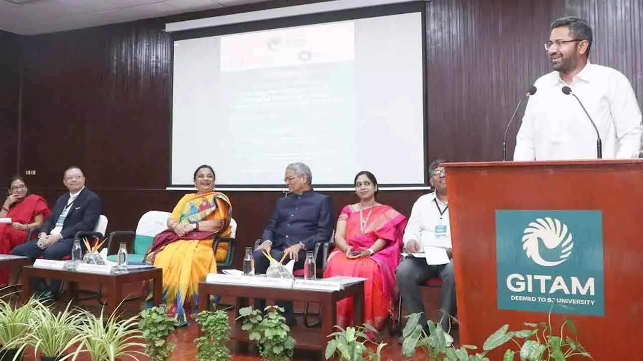 Visakhapatnam MP M Sribharat speaking at an international conference in Visakhapatnam on Thursday