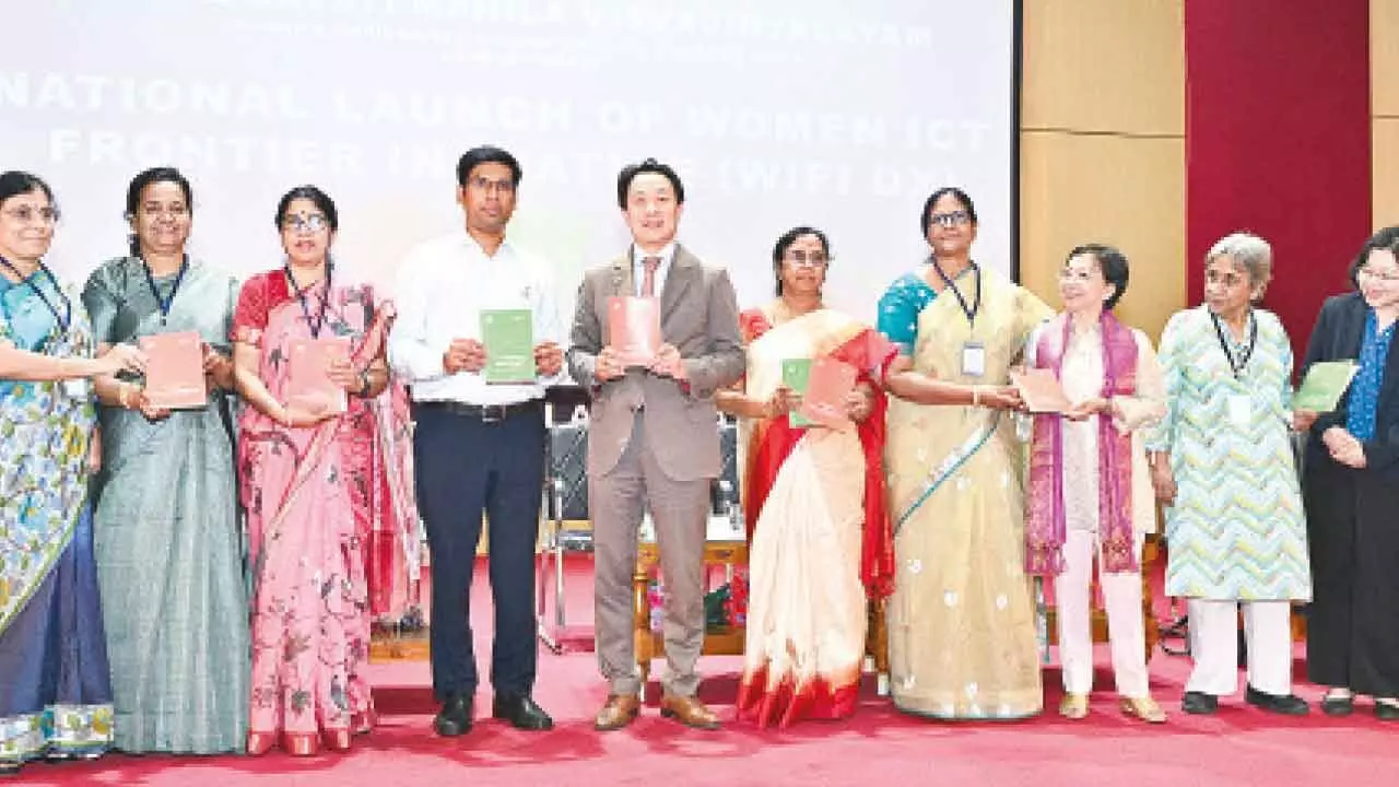 UN-APCICT director Dr Kiyoung Ko, district collector Dr S Venkateswar, SPMVV V-C Prof V Uma and  others releasing a book on ‘e-commerce and digital marketing’ at a programme in Tirupati on Thursday