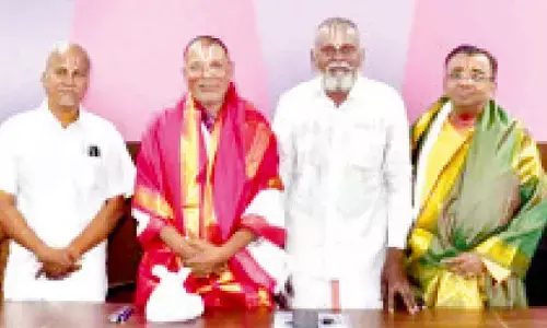 Vikhanasa Trust secretary Ganjam Prabhakaracharya, Prof Tatta Vijaya Raghavacharya and others at a workshop in NSU in Tirupati on Thursday