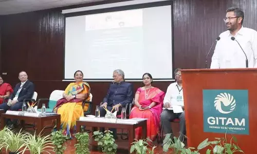 Visakhapatnam MP M Sribharat speaking at an international conference in Visakhapatnam on Thursday