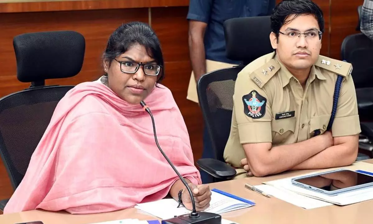 Collector K Vetri Selvi addressing the District Road Safety Committee meeting in Eluru on Friday. SP K Pratap Siva Kishore is also seen.