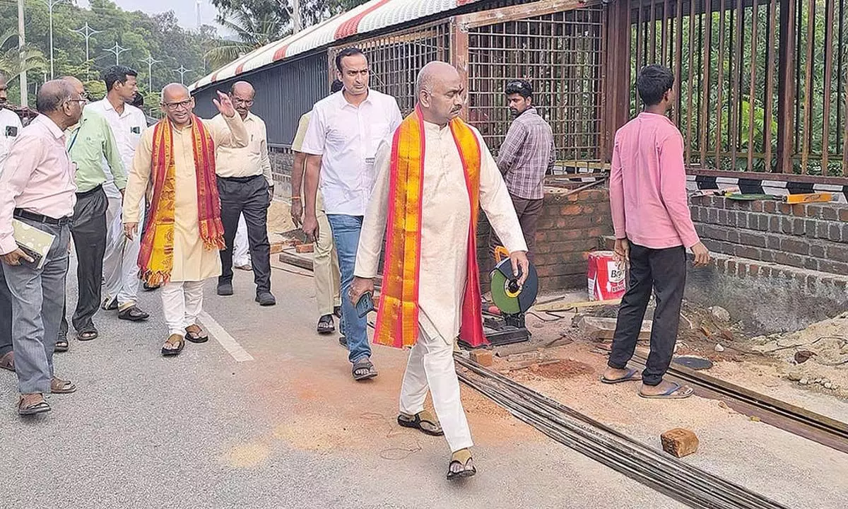 TTD EO J Syamala Rao inspecting construction works queue lines at Sila Toranam in Tirumala on Friday