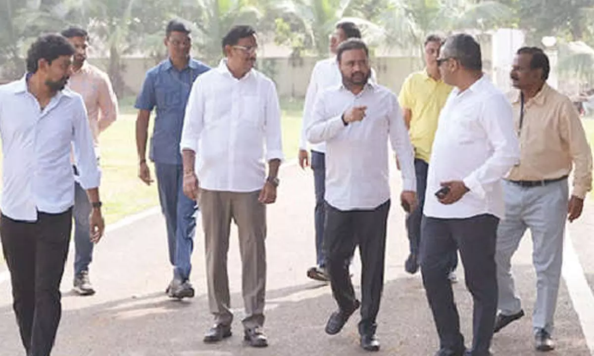 Andhra Cricket Association president and Vijayawada MP Kesineni Sivanath examining the stadium in Visakhapatnam on Sunday