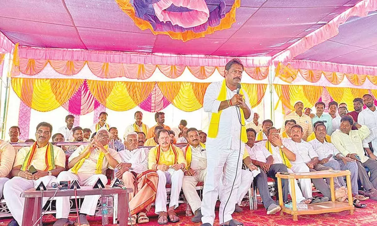 AP Markfed chairman KBangarraju addressing a meeting of TDP cadre in Vizianagaram on Friday