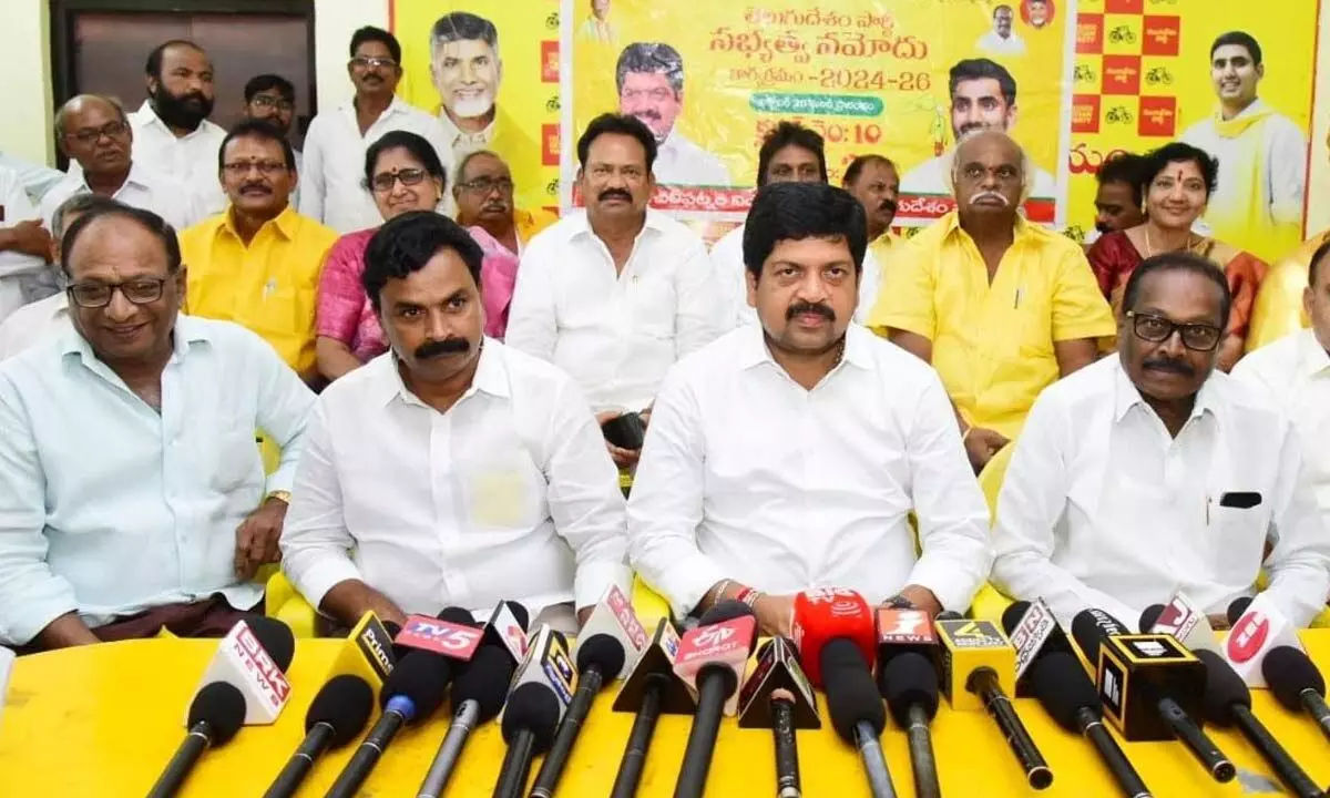 Minister Kollu Ravindra addressing the media in Machilipatnam on Sunday. APSRTC chairman Konakalla Narayana and others are also seen