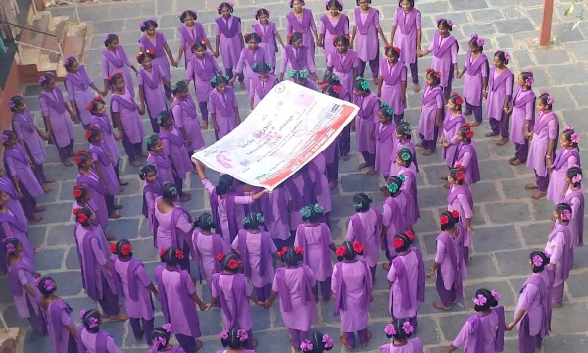 Students performing during ‘Meeku Telusa’ awareness program on HIV-AIDS at SWRS for Girls in Ammanabrolu on Saturday