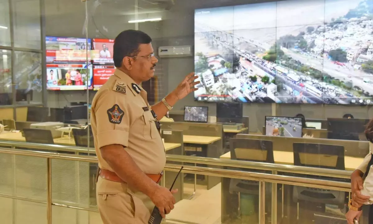 Commissioner of Police SV Rajasekhar Babu monitoring the sand transportation from the Command Control Centre in Vijayawada on Sunday