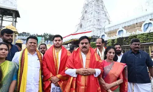 Civil Supplies Minister Nadendla Manohar along with his family members at Tirumala on Sunday