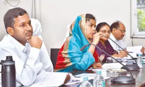 Collector A Thameem Ansariya speaking at a meeting with Ongole division revenue officials at Collectorate in Ongole on Tuesday