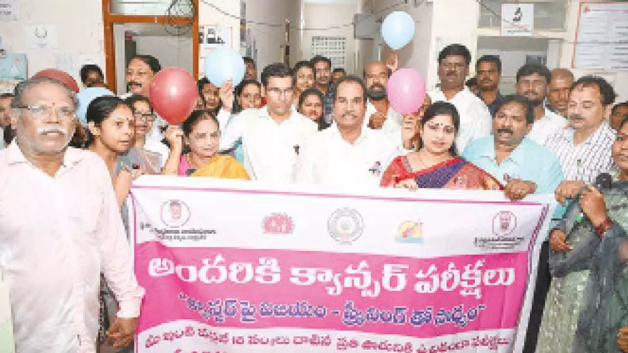 District Collector Dr S Venkateswar, MLA Arani Srinivasulu, DM&HO Dr U Sreehari and others taking part in the cancer awareness programme in Tirupati on Thursday