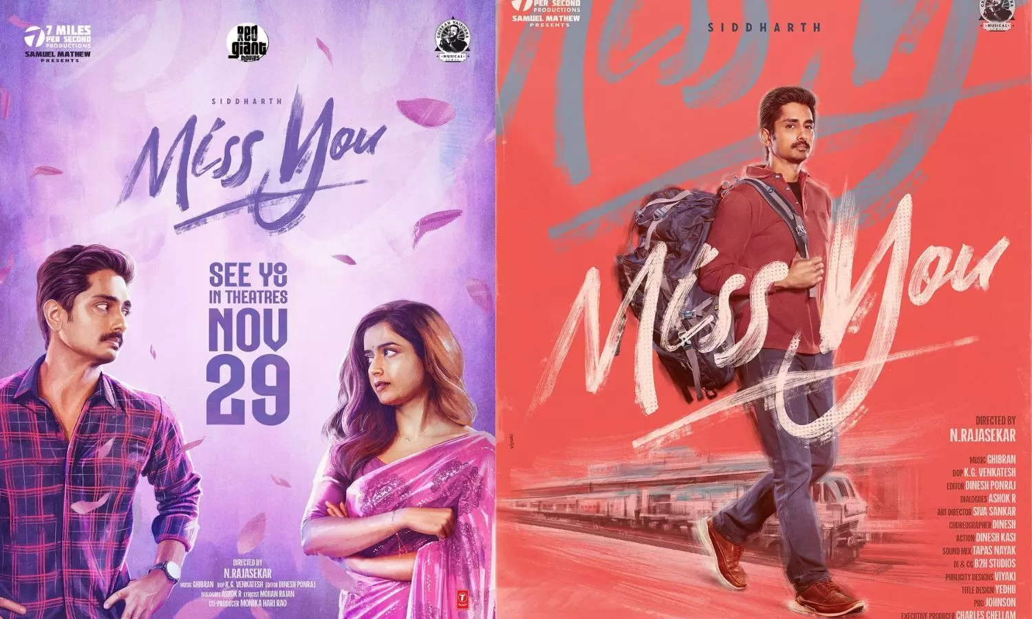 Siddharth and Ashika Ranganath’s ‘Miss You’ Set for November 29 Release