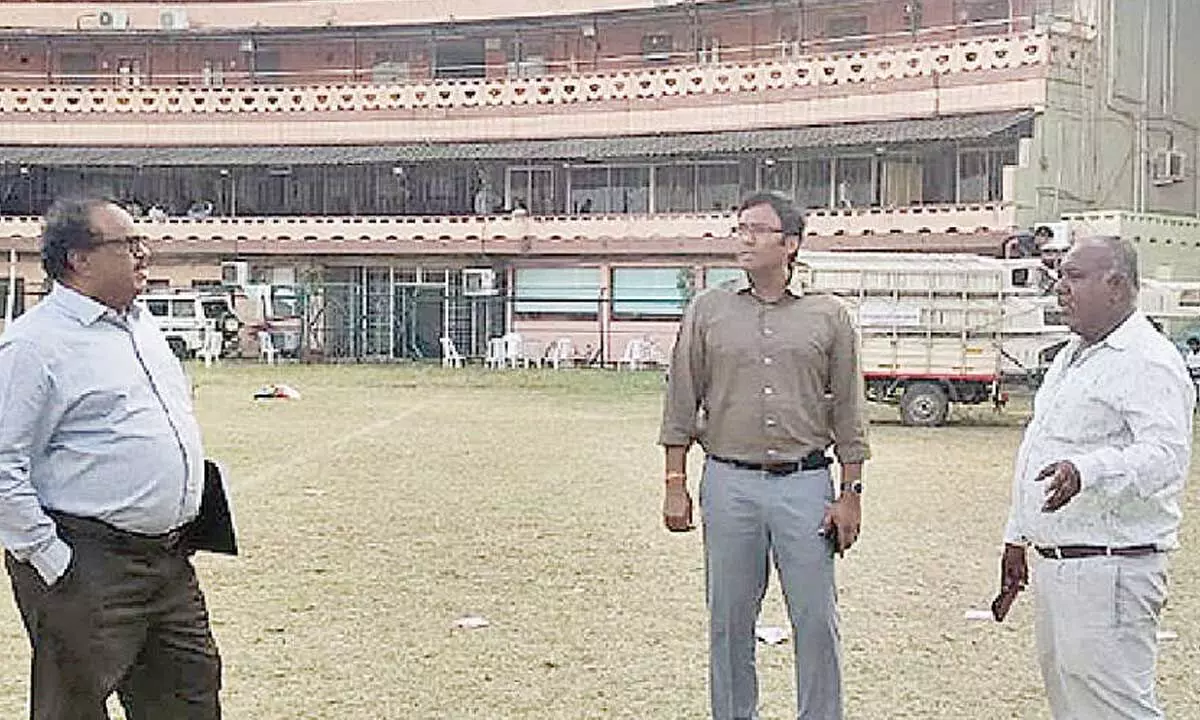 Officials inspect ‘Praja Palana Vijayotsavam’ works at LB Stadium