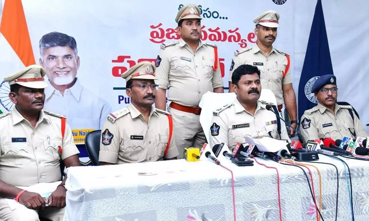 Prakasam District SP A R Damodar speaking to the media in Ongole on Friday