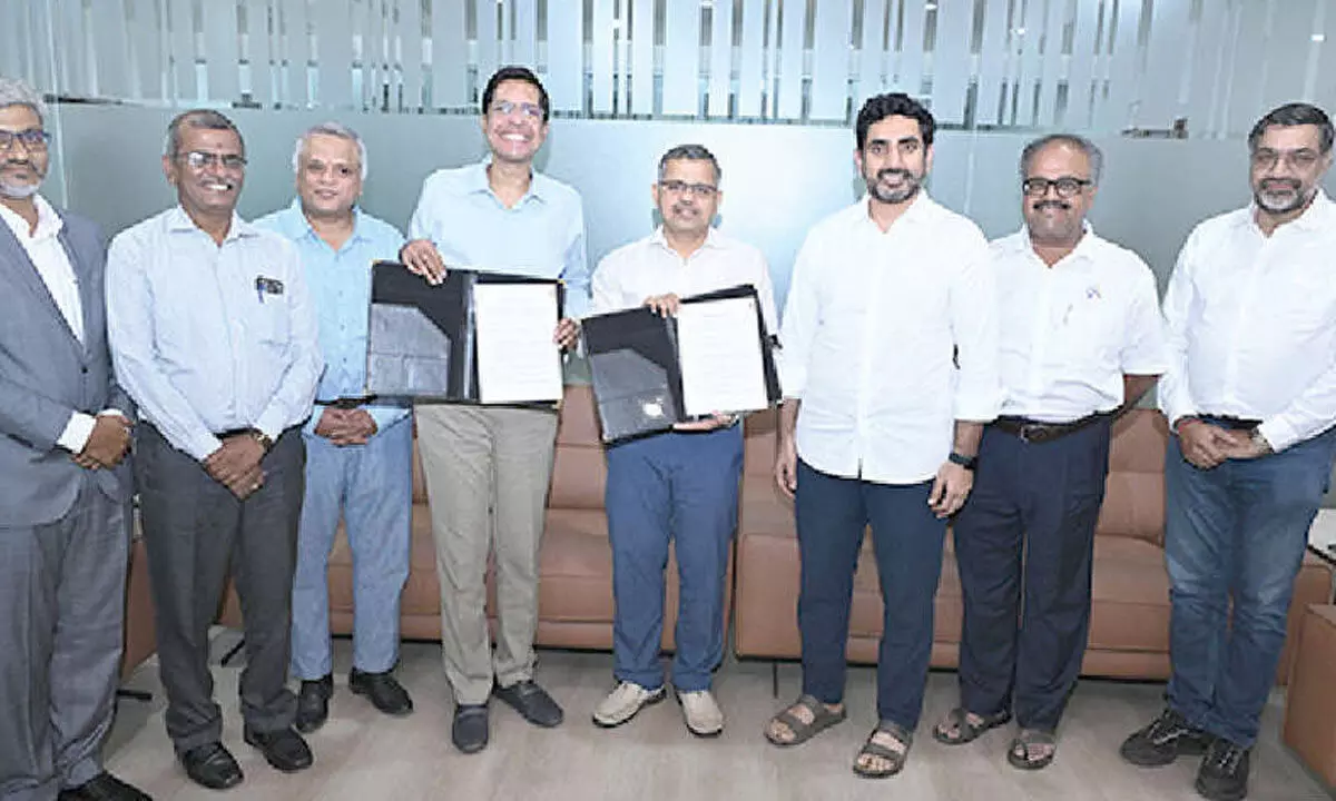 Minister for education, IT and electronics Nara Lokesh with IIT, Madras, officials after signing of agreements at the Secretariat on Friday