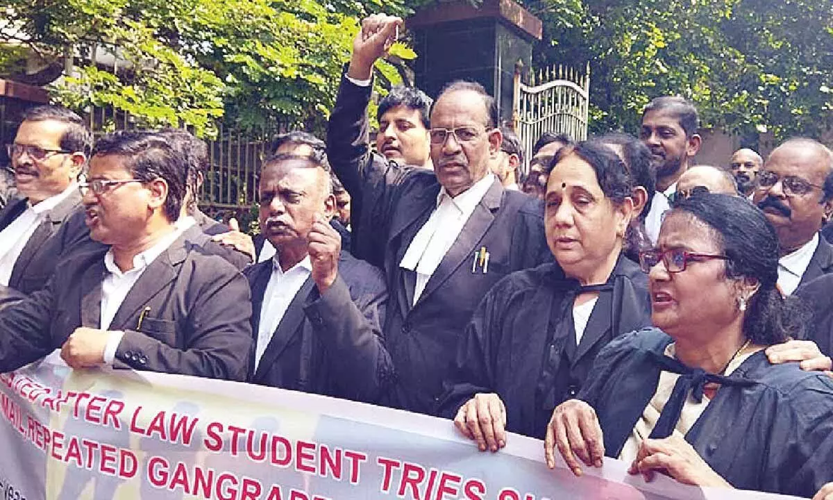 Advocates taking part in a dharna in Visakhapatnam on Friday