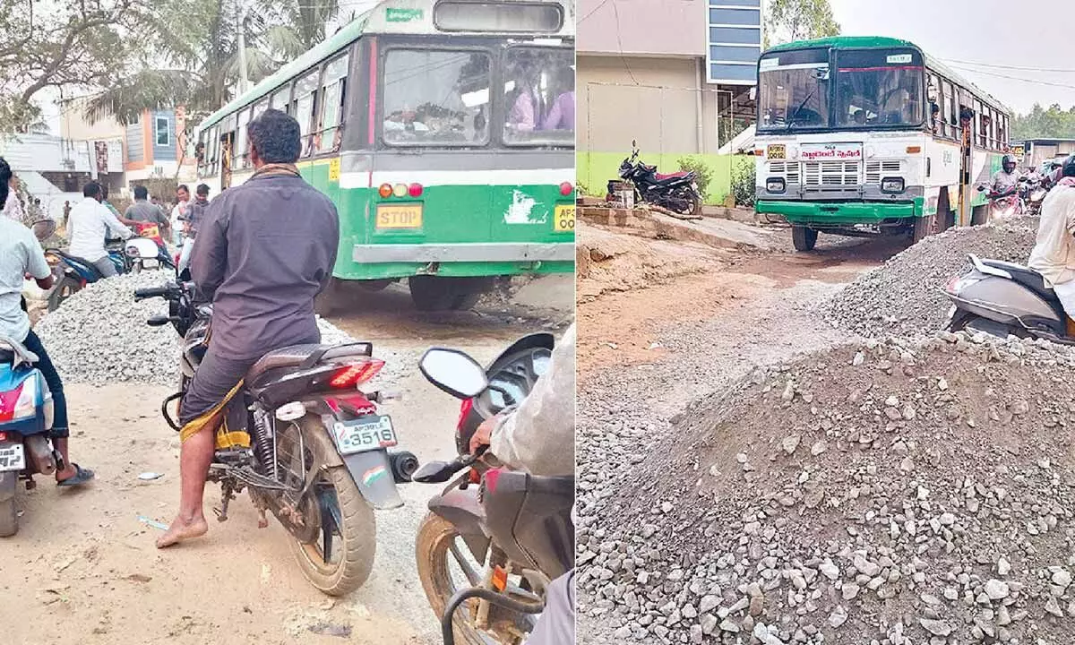 Dumping of road metal on road holds up bus