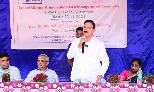 Vijayawada West MLA Sujana Chowdary addressing a meeting at GNR Municipal Corporation High School in Vijayawada on Friday