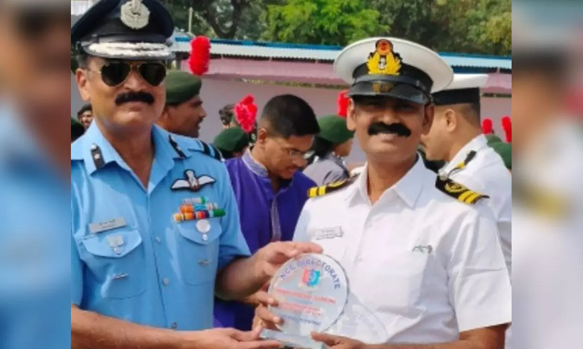 2nd NCC Officer Gundala Narendra Babu receiving Best Officer award in Nellore on Sunday