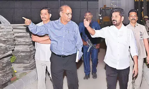 CM Revanth Reddy inspecting the site on the Secretariat premises where the statue of Telanagana Talli will be installed, on Saturday