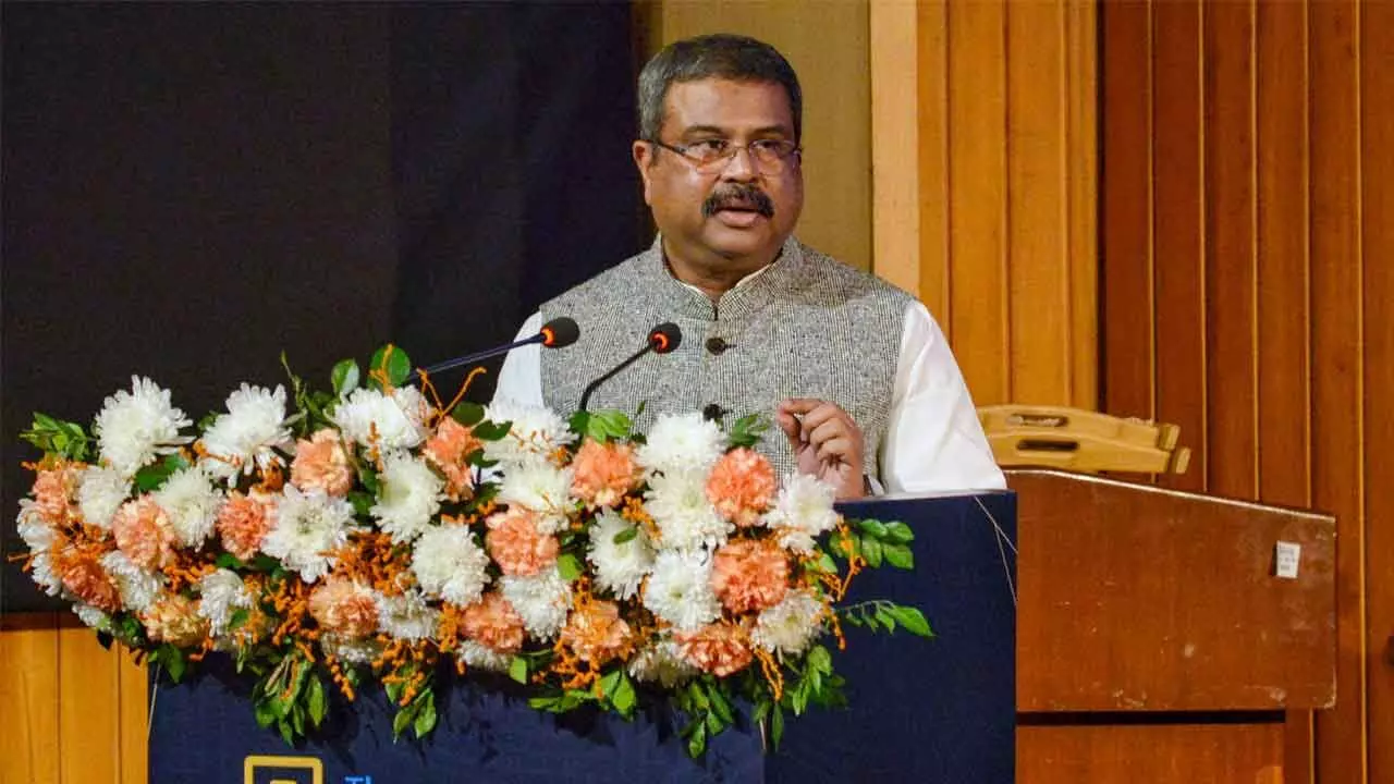 Union Education Minister Dharmendra Pradhan speaks at the unveiling of TheTeacher App, in New Delhi on Monday