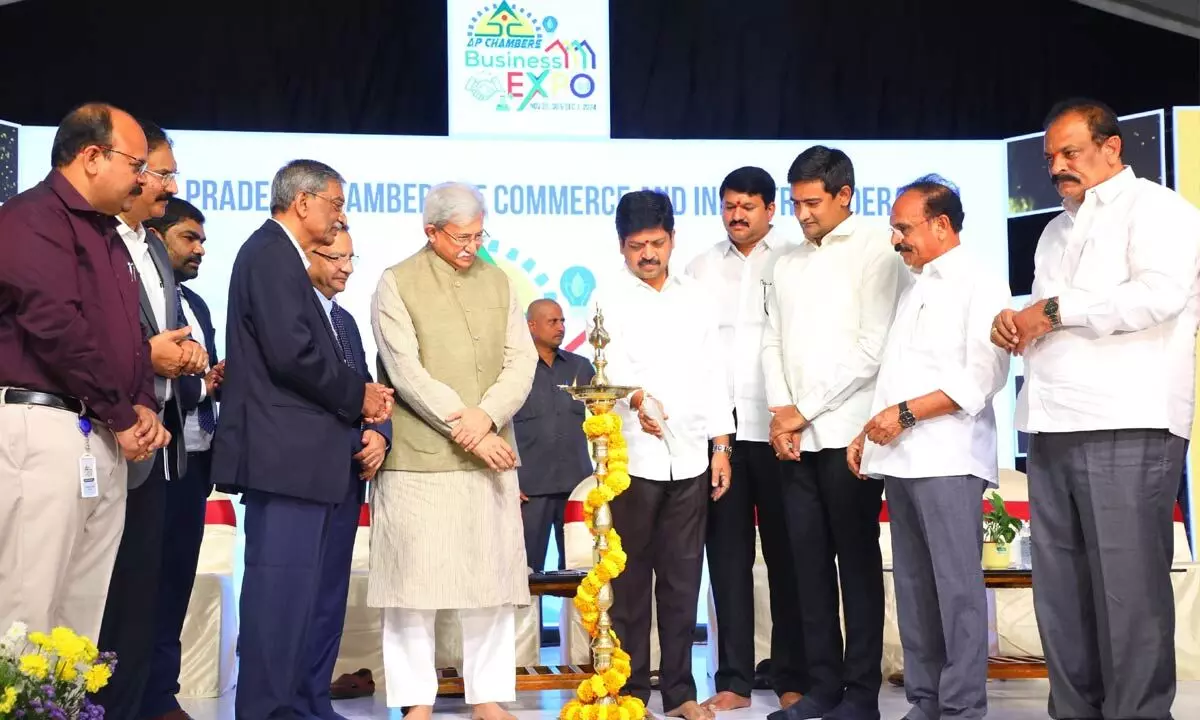 Minister for excise and mines Kollu Ravindra inaugurating the Business Expo-2024 organised by AP Chambers in Vijayawada on Friday