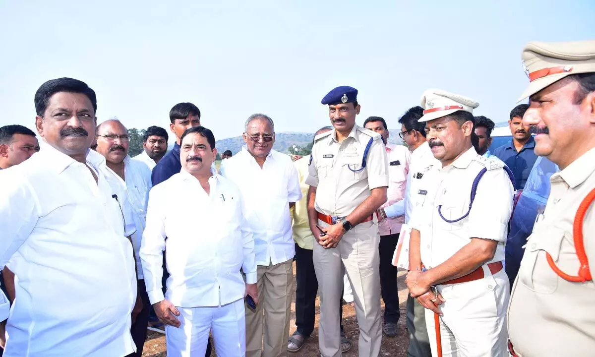 Finance Minister Payyavula Keshav, MLA Kalava Srinivas and others inspecting arrangements for CM Naidu’s visit at Nemakallu village on Friday